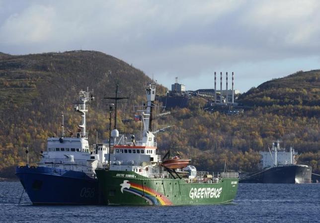 Greenpeace ship "Arctic Sunrise" is seen anchored outside the Arctic port city of Murmansk